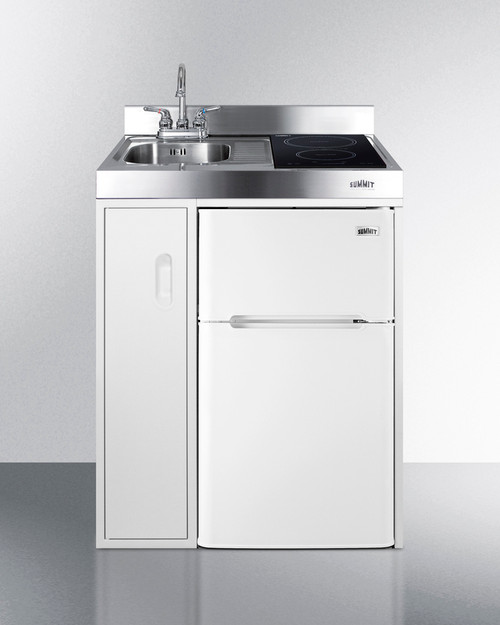 Summit C30IND 30" W White Metal Cabinet All-In-One Kitchenette with 2-Burner Induction Cooktop - 115 Volts