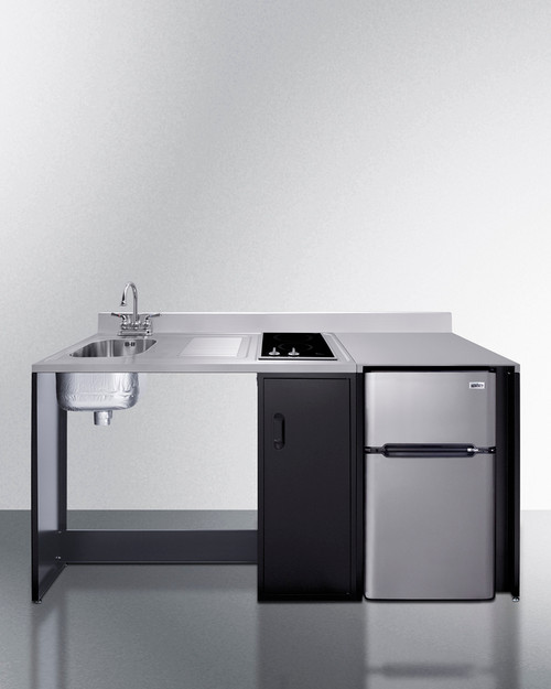 Summit CK72ADALBF 74.5" W Black Stainless Steel Sink and Faucet Left Side All-In-One Kitchenette - 115 Volts