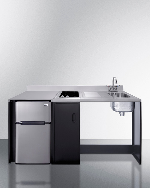 Summit CK72ADARBF 74.5" W Black Push-To-Turn Stainless Steel Sink and Faucet Right Side All-In-One Kitchenette - 115 Volts
