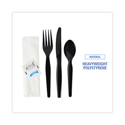 Essendant BWKFKTNSHWPSBLA 11.02" W Black Plastic Six-Piece Cutlery Kit Heavyweight Fork Knife Napkin Pepper Salt and Spoon - 250 per Carton