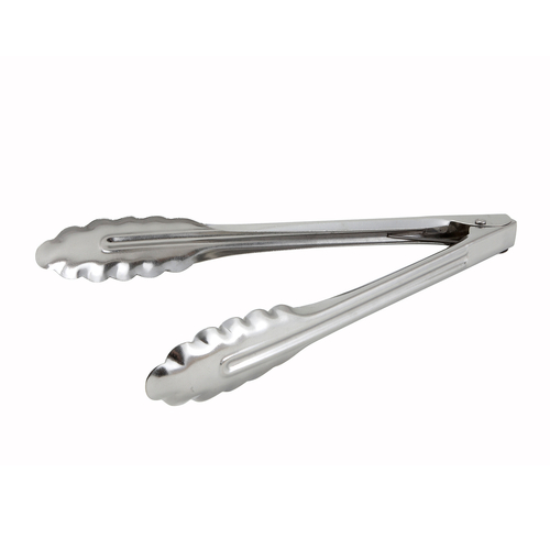 Winco UT-9LT 9" L Stainless Steel Scalloped Edge Coiled Spring Utility Tongs