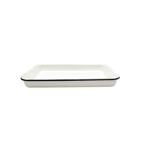 TableCraft Products 80012 16" x 11 1/2" x 1 1/2" Rectangular Vitreous Porcelain Enamel Coated Steel Creamy White With Black Enamelware Collection Serving Tray
