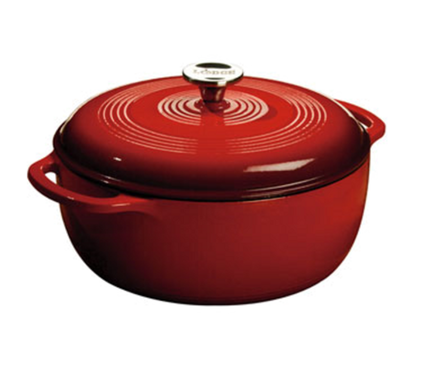 picture of a Lodge 4.6 quart red porcelain enameled cast iron round dutch oven with cover