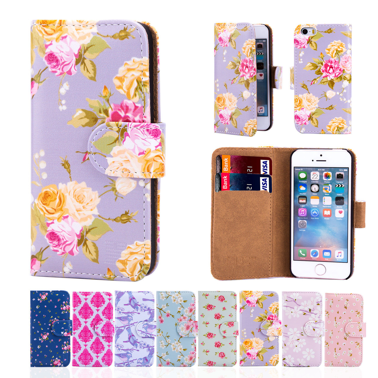 Apple Iphone Se 16 Pu Leather Floral Design Book Wallet Case 32ndshop