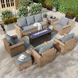 8-Piece Patio Furniture Set, All Weather 9 Seats Outdoor Wicker Sofa with Ottomans, Rattan Patio Conversation Set with 5.5" Cushions and 57" Fire Pit Table, Grey