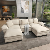 124" Modular Sectional Sofa, Oversized U Shaped Couches for Living Room, Comfy Cloud Couch with Ottoman, 5-Seater Deep Seat Sofa with Throw Pillow, Chenille Beige