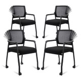 Waiting Room Chairs with Wheels, Adjustable Mesh Backrest, Desk Chair with Ergonomic Lumbar Support and Thickened Seats Cushion, 4 Pack Black