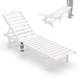Outdoor Chaise Lounge Chair, Pool Lounge Chair with 5 Positions Adjustable Backrest, HDPE Lounger with Rolling Wheels & Cup Holder for Poolside, Beach, Garden, White
