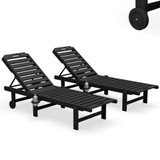 Outdoor Chaise Lounge Set of 2, All-Weather HDPE Pool Lounge Chairs with 5-Position Adjustable Reclining Backrest, Rolling Wheels & Cup Holder for Poolside, Black