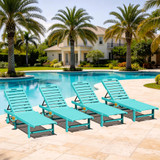 Outdoor Chaise Lounge Set of 4, 78" Patio Lounge Chair with 5 Positions Adjustable Backrest, HDPE Lounger with Rolling Wheels & Cup Holder for Poolside, Beach, Garden, Aruba