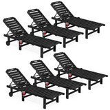 Outdoor Chaise Lounge Set of 6, HDPE Pool Lounge Chair with 5-Position Adjustable Backrest, Patio Lounger with Rolling Wheels & Cup Holder for Pool, Black