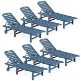 Outdoor Chaise Lounge Set of 6, HDPE Pool Lounge Chair with 5-Position Adjustable Backrest, Patio Lounger with Rolling Wheels & Cup Holder for Pool, Navy
