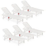 Outdoor Chaise Lounge Set of 6, HDPE Pool Lounge Chair with 5-Position Adjustable Backrest, Patio Lounger with Rolling Wheels & Cup Holder for Pool, White