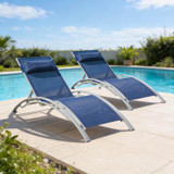 Pool Lounge Chairs Set of 2, Adjustable Aluminum Outdoor Chaise Lounge Chairs, All Weather for Deck Lawn Poolside Backyard -Blue Textilene