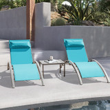 Pool Lounge Chairs Set of 3, Adjustable Aluminum Outdoor Chaise Lounge Chairs with Metal Side Table, All Weather for Deck Lawn Poolside Backyard -Lake Blue Textilene