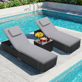 Outdoor Chaise Lounge Chairs, All-Weather Wicker Pool Lounge Chair Set of 2 with Side Table, Adjustable Backrest & Washable Cushions for Patio, Poolside, Beach, Light Grey