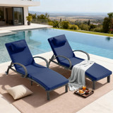 Pool Outdoor Lounge Chairs Set of 2,Outdoor Chaise Lounge w/ 5 Adjustable Back,Wicker Patio Pool Lounge Chair with Wheels for Poolside Deck Lawn,Deep Blue
