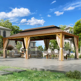 12'x24' Hardtop Gazebo, Galvanized Steel Double Roof with Wood Grain Aluminum Frame, Outdoor Gazebo with Curtains and Nettings for Patio, Backyard and Deck