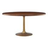 60 Inch Round Wood Dining Table with Metal Pedestal in Brass Walnut - Modern Industrial Dining Table for 6 People - Solid Wood Tulip Kitchen Table