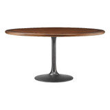 60 Inch Round Wood Dining Table with Metal Pedestal in Black Walnut - Modern Industrial Dining Table for 6 People - Solid Wood Tulip Kitchen Table
