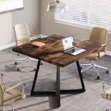 31.5" Square Conference Table, Industrial Office Meeting Table for 4 People, Business Podcast Furniture with Metal Base for Small Spaces, Office Conference, Vintage Brown