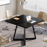 31.5" Square Conference Table, Industrial Office Meeting Table for 4 People, Business Podcast Furniture with Metal Base for Small Spaces, Office Conference, Black