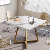 31.5" Square Conference Table, Industrial Office Meeting Table for 4 People, Business Podcast Furniture with Metal Base for Small Spaces, Office Conference, White & Gold