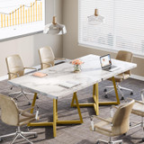 31.5" Square Conference Table Set of 2, 63" Industrial Office Meeting Table for 4-6 People, Business Podcast Furniture with Metal Base for Small Spaces, Office Conference, White & Gold
