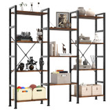 Triple Column 4 Tier Bookshelf, Wide Industrial Bookcase, Brown