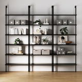 6-Shelf Tall Bookcase, Wall Mount Bookshelf Wood Shelves and Metal Frame, Matte Black, Set of 3