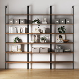 6-Shelf Tall Bookcase, Wall Mount Bookshelf with Reclaimed Oak Wood and Industrial Metal Frame, Reclaimed Oak/Matte Black, Set of 3