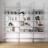  6-Shelf Tall Modern Bookshelf, Wall Mount Ladder Shelf Bookcase with White Wood and Industrial Metal Frame, Matte White/White, Set of 3