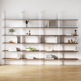 6-Shelf Tall Bookcase, Wall Mount Bookshelf with Natural Wood Finish and Industrial Metal Frame, Rustic Oak/White, Set of 4