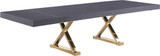Extendable 2 Leaf Dining Table with Durable Stainless Steel Base, Grey Oak Lacquer Top, Gold Finish, 84"/123.5" W x 43.25" D x 31" H