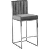 Giselle Collection Modern | Contemporary Velvet Upholstered, Channel Tufted Counter Stool with Polished Chrome Metal Base, 16" W x 19" D x 37.5" H, Grey