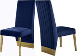 Dining Chair with Luxurious Navy Velvet, Rich Gold Metal Legs, Channel Tufted Back, 19.5" W x 27" D x 42" H, Navy, Set of 2