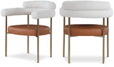 Vegan Leather/Boucle Fabric Upholstered Dining Chair with Brushed Brass Metal Frame, 28.5" W x 24" D x 31.5" H, Cognac, Set of 2