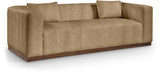 Sofa with Soft Tan Vegan Leather, Walnut Finish Solid Wood Base, Deep Channel Tufting, 90.5" W x 36" D x 28.5" H, Tan