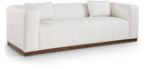 Sofa with Soft Cream Vegan Leather, Walnut Finish Solid Wood Base, Deep Channel Tufting, 90.5" W x 36" D x 28.5" H, Cream