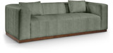 Sofa with Soft Green Vegan Leather, Walnut Finish Solid Wood Base, Deep Channel Tufting, 90.5" W x 36" D x 28.5" H, Green
