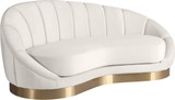 Velvet Upholstered Shell Shaped Chaise with Stainless Steel Base in a Brushed Gold Finish, 79" W x 40" D x 33" H, Cream
