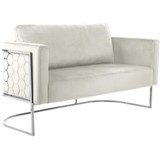 Cream-L Casa Collection Velvet Upholstered Loveseat with Chrome Iron Metal Design and Chrome Finish, Cream, 63.5" W x 29.5" D x 31" H