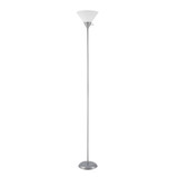 72" Floor Lamp, Silver, White Plastic Shade, On/Off Rotary Switch on Shade, Standing, Living Room Decor, Bedroom, Tall, Corner Light