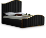 Jolie Collection Modern | Contemporary Velvet Upholstered Bed With Channel Tufting, And Polished Gold Metal Frame, Black, Queen