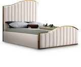 Jolie Collection Modern | Contemporary Velvet Upholstered Bed With Channel Tufting, And Polished Gold Metal Frame, Cream, Queen