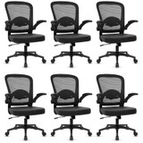 6PK,Desk Chairs with Wheels, Ergonomic Mesh Back PU Leather Seat Home Office Adjustable Lumbar Support and Height Swivel Rolling Computer Task Chair with Flip Up Arms for Conference, Black