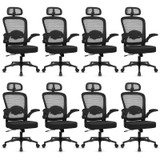  8PK, Desk Chairs with Wheels, Ergonomic Mesh Back Home Office Chair with Headrest, Adjustable Lumbar Support Swivel Rolling Computer Chairs with Flip Up Arms for Conference Meeting Room, Black