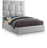 MilanWhite-Q Milan Collection Modern Contemporary Vegan Leather Upholstered Bed, Custom Chrome Metal Legs, Geometric Designed Headboard, 65.5" W x 84.5" D x 70" H, White, Queen