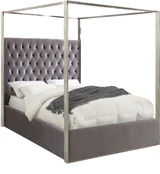 Porter Collection Modern | Contemporary Velvet Upholstered Bed with Deep Detailed Tufting and Chrome Canopy, Grey, Queen