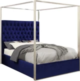Porter Collection Modern | Contemporary Velvet Upholstered Bed with Deep Detailed Tufting and Chrome Canopy, Navy, Queen